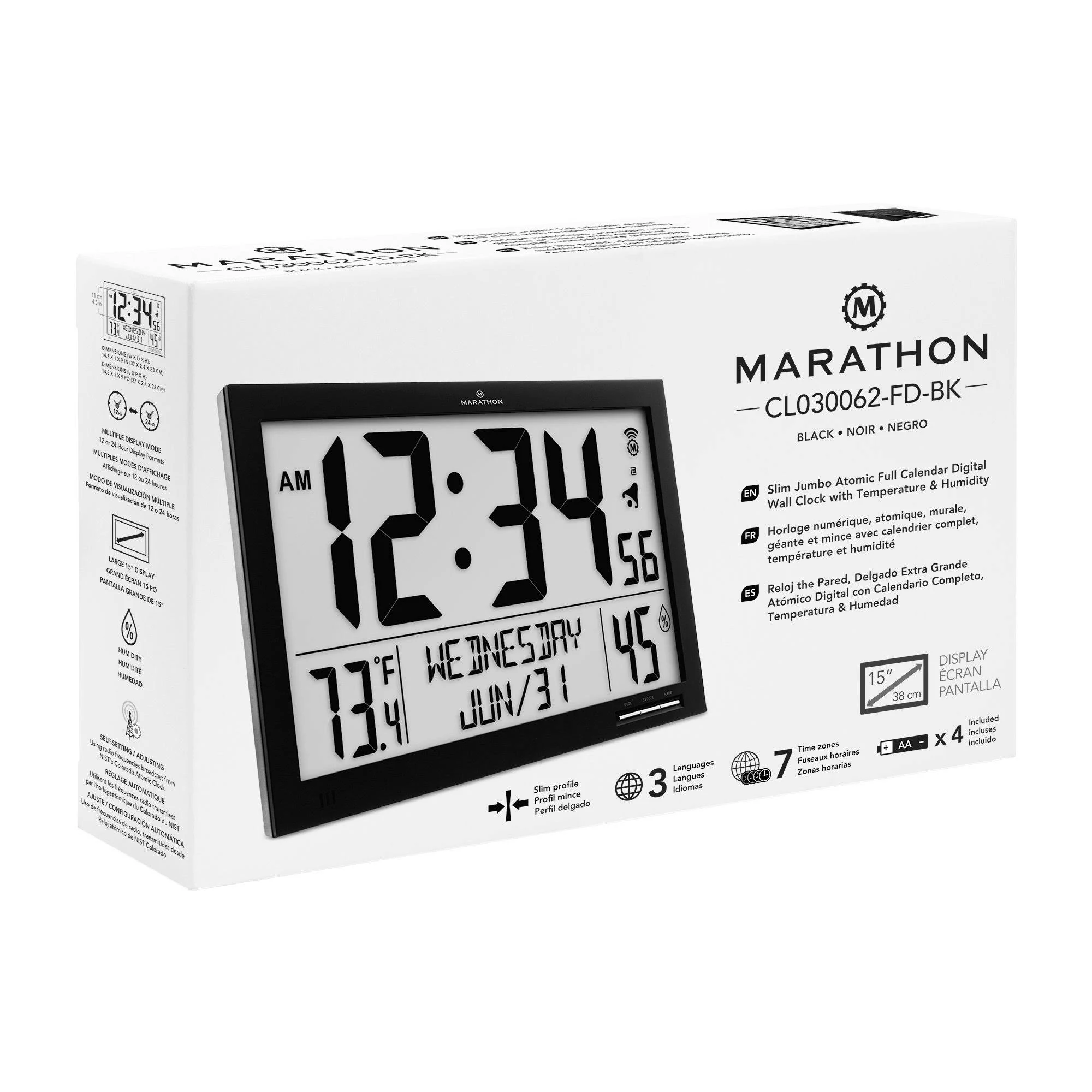 Marathon CL030062FD WD Slim Atomic Full Calendar Clock Wood