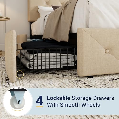 Allewie Upholstered Queen Size Platform Bed Frame with 4 Storage Drawers and Headboard, Square Stitched Button Tufted