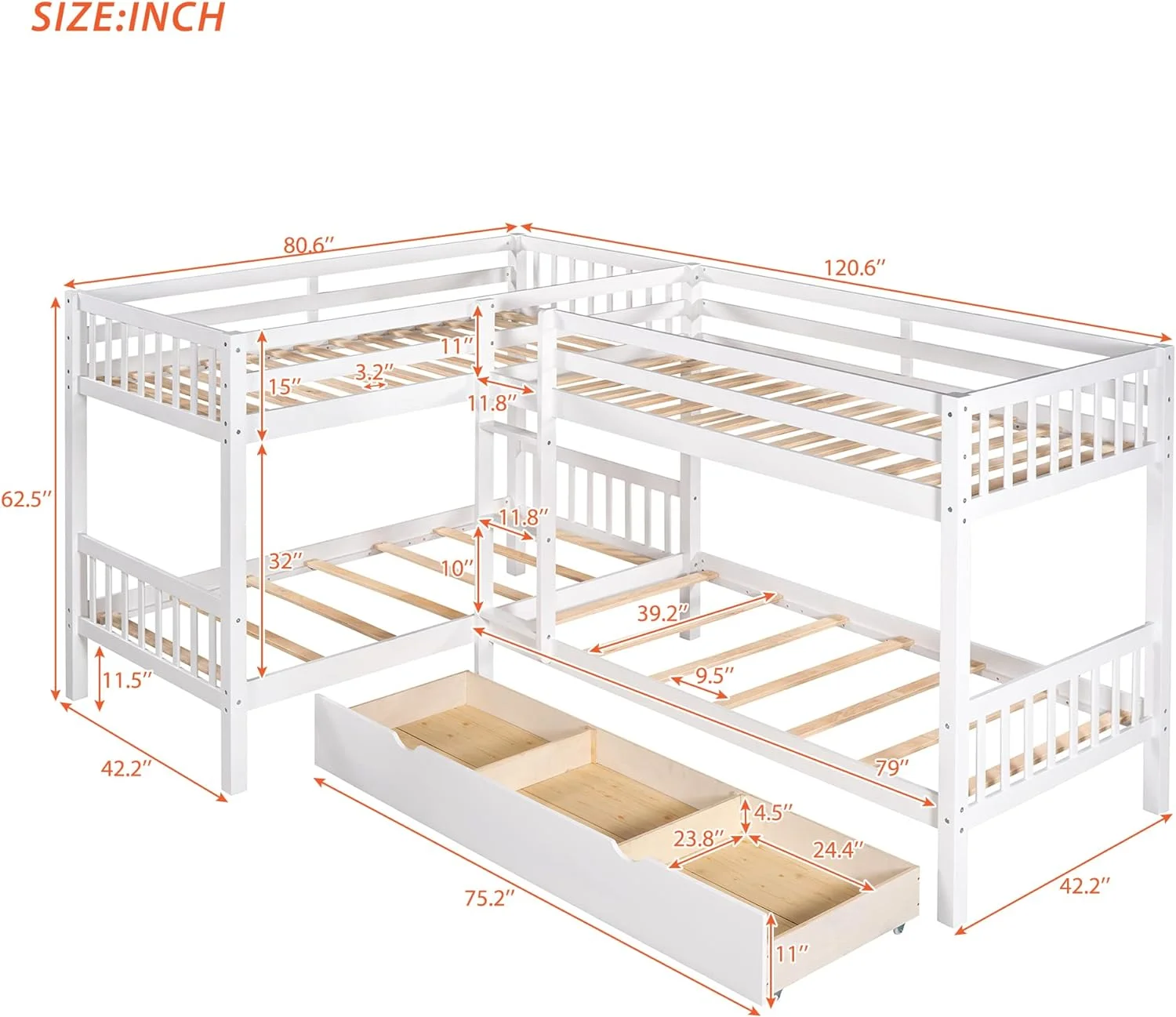 Wooden Bunk Beds For 4 Kids, Over L-Shaped Bunk Bed Frame With Storage Drawers (White)