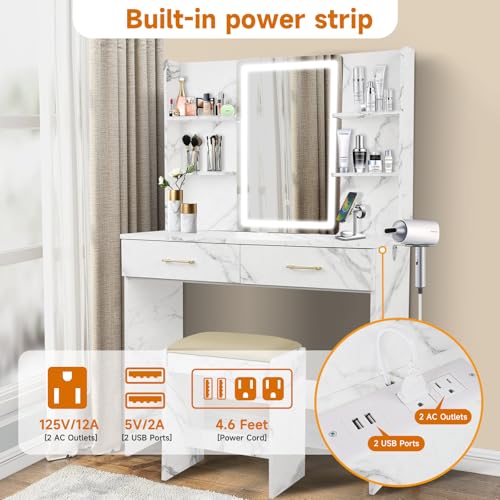 Vanity Set with Lights and Stool, Vanity Desk with Mirror and Lights，Vanity Power Outlet,Vanity Desk with Drawers