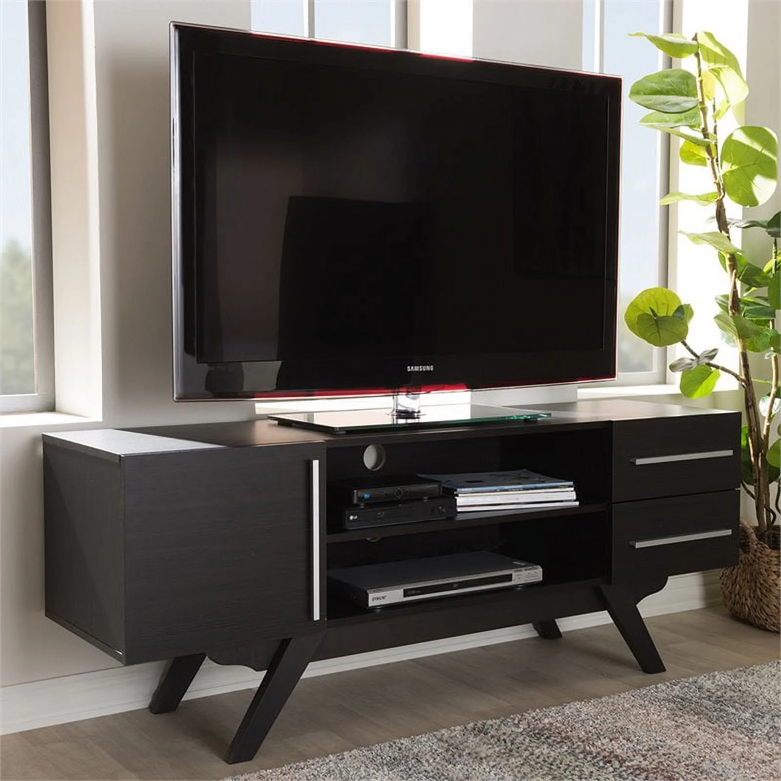 Bowery Hill 60" Mid-Century Modern TV Stand Console Entertainment Center in Dark Brown