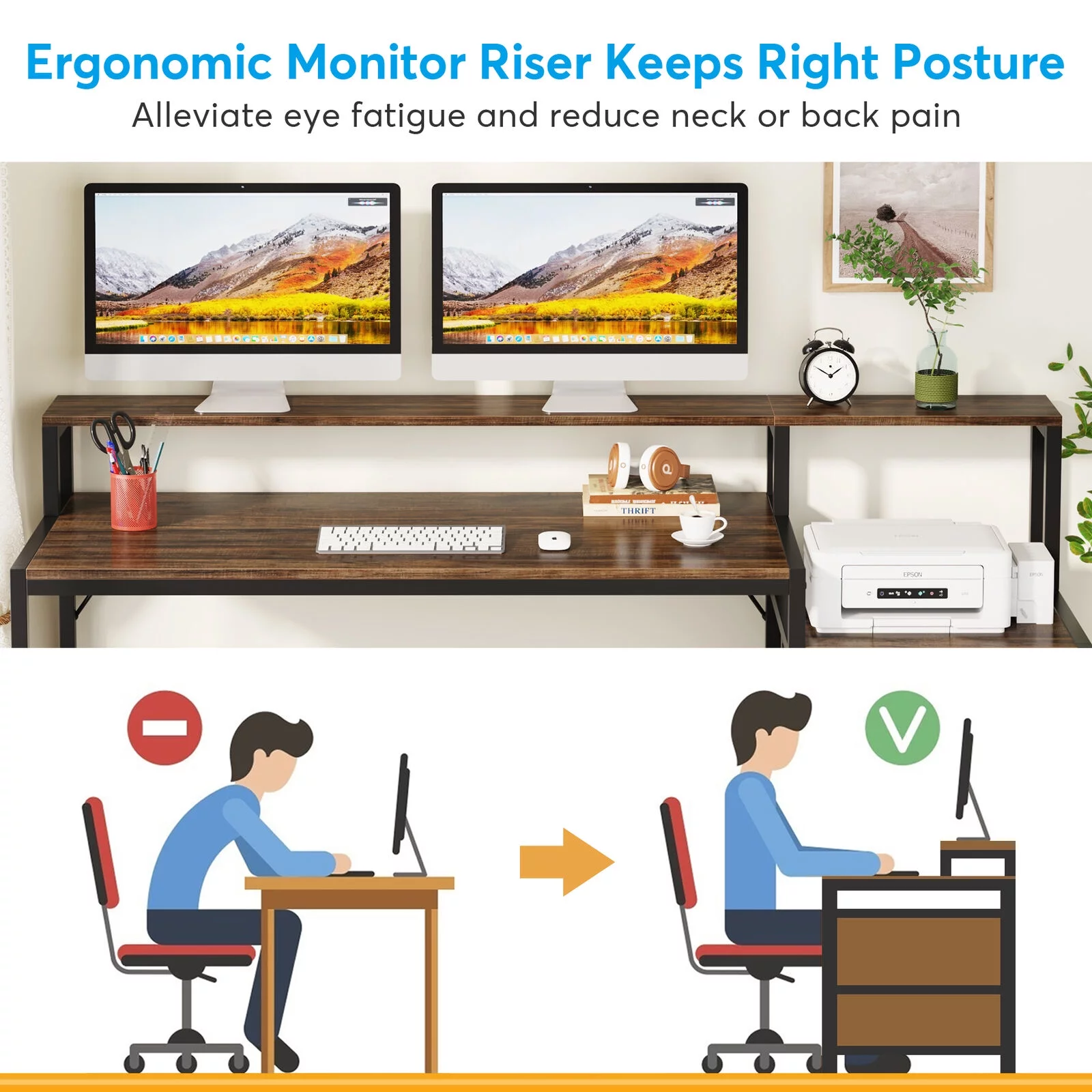 Tribesigns 63" Ergonomic Computer Desk with Monitor Stand and Drawers, Working Desk with Storage for Home Office, Rustic Brown