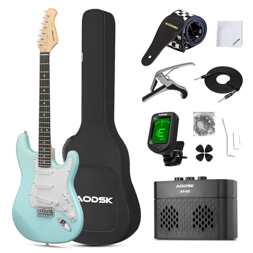 AODSK Electric Guitar with Amp Beginner Kit 39 Inch Solid Body Full Size,All Accessories,Digital Tuner,Six Strings,Four Picks,Tremolo Bar,Strap