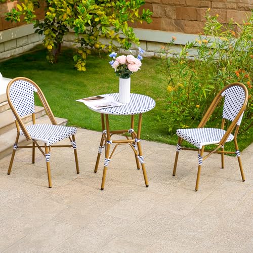 3 Piece Patio Bistro Set, French Wicker Outdoor Bistro Set with Round Table and 2 Dining Chairs, ‎Aluminum Furniture
