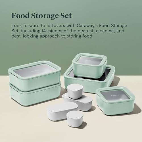 Caraway Glass Food Storage Set, 14 Pieces - Ceramic Coated Food Containers - Easy to Store, Non Toxic Lunch Box Containers with Glass Lids