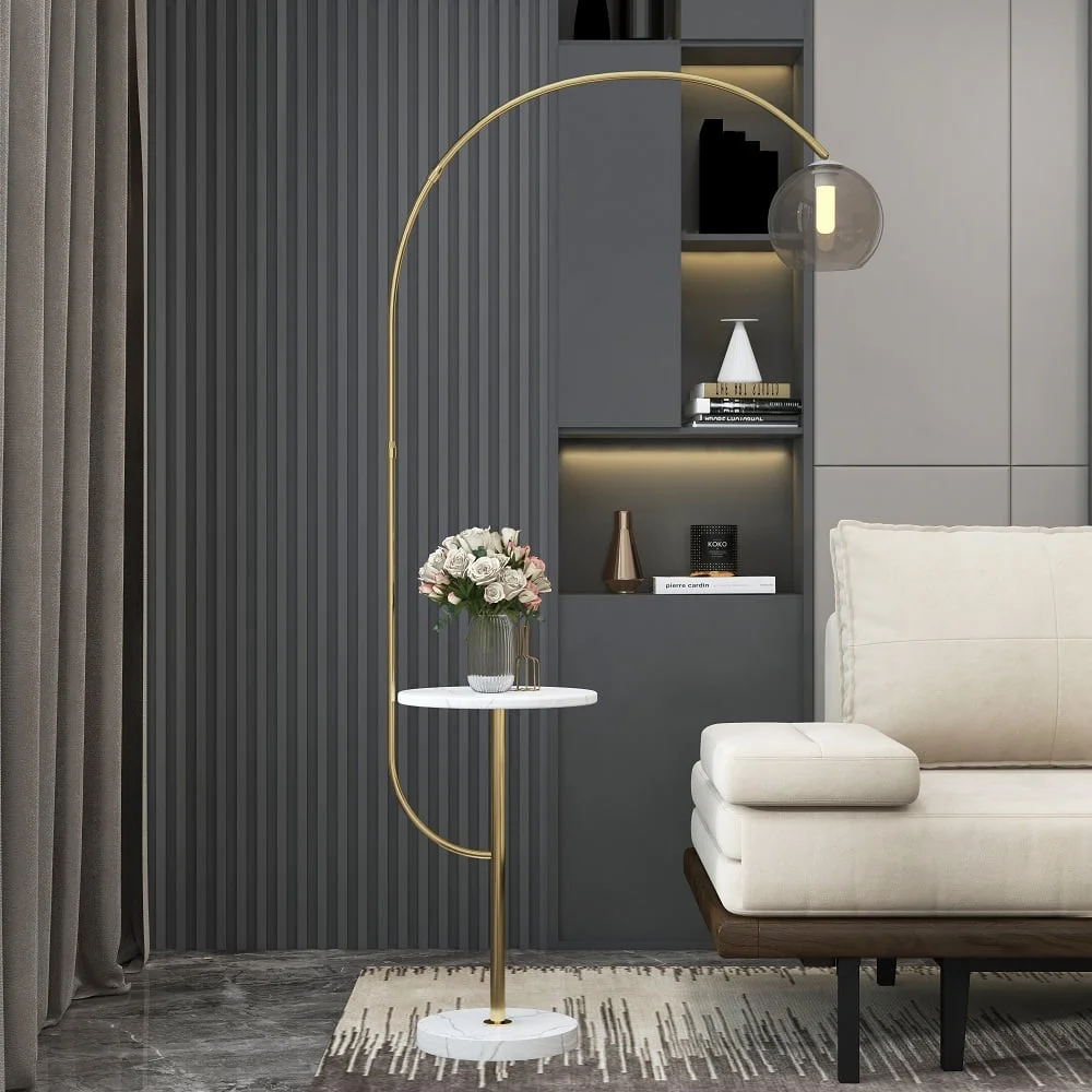 Homary Modern Arc Floor Lamp with Shelf & Wireless Charger & USB Charging Port