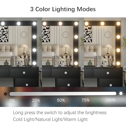 55" W Vanity Desk, Makeup Vanity with Charging Station, 15 Drawers with Lighted Mirror, 3 Lighting Modes, Brightness Adjustable, Glass Top