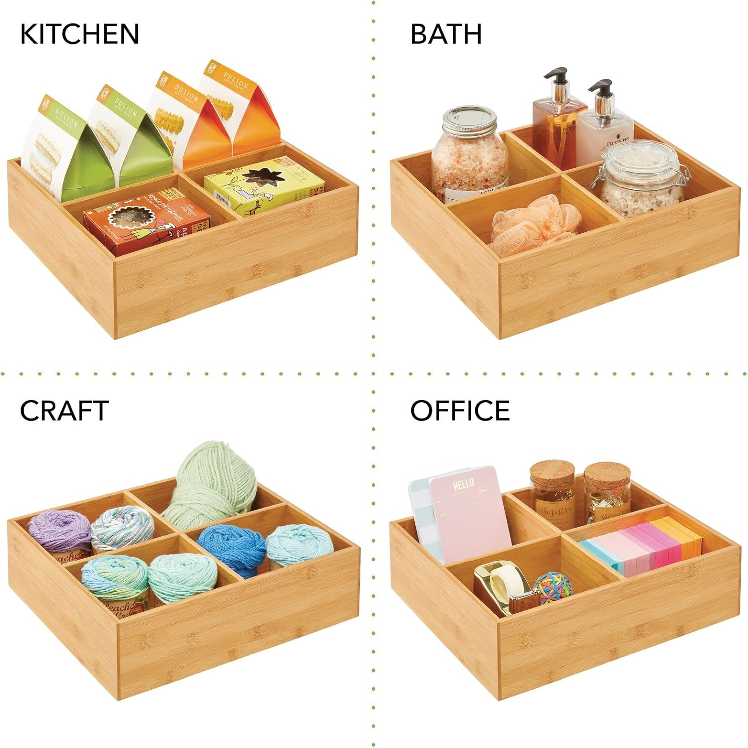 mDesign Bamboo Kitchen Cabinet Pantry Organizer Bin - 4 Divided Sections - Eco-Friendly, Multipurpose - Use in Drawers, on Countertops