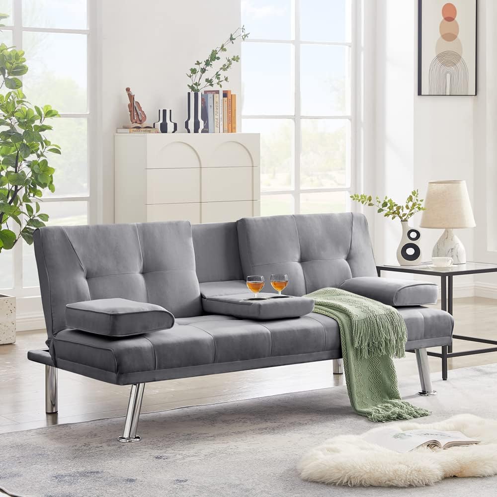 Convertible Folding Futon Sofa Bed, Fabric Linen Upholstered Modern Couch Loveseat Sleeper, Folding Daybed Guest Bed, Removable Armrests
