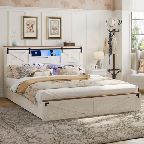 Hasuit Farmhouse Bed Frame California King Size with Storage Bookcase Headboard, Wooden Cal King Bed with LED Lights, Charging Station, 2 Drawers