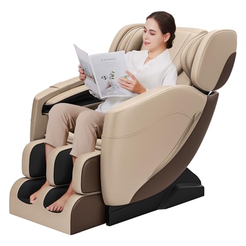 2022 Full Body Electric Zero Gravity Shiatsu Massage Chair with Back Heating and Foot Roller for Home and Office (Khaki)