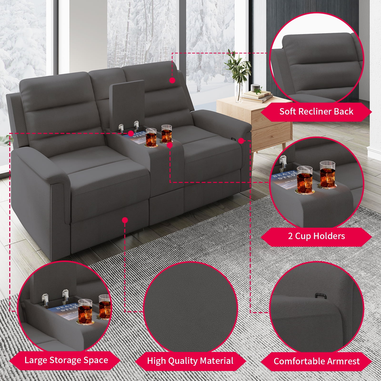 MUZZ Loveseat Recliner, Reclining Loveseat Sofa with Cup Holders&Storage, Theater Seating Furniture(Dark Grey)