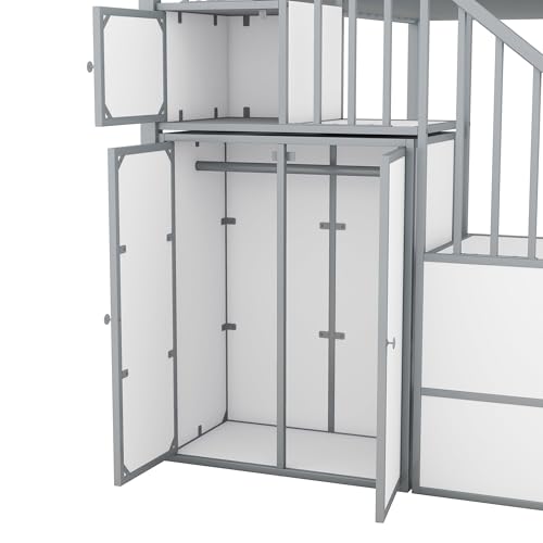 Full-Over-Full Castle Style Bunk Bed with 2 Drawers and 3 Shelves, Wood Bunk Bed Frame with Slide and Storage Staircase for Kids Teens Boys Girls