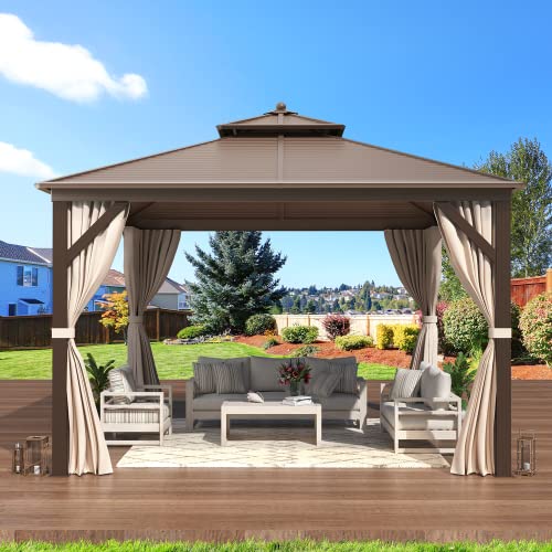 EROMMY 12'x20' Hardtop Gazebo Double Roof Galvanized Steel Canopy Outdoor Aluminum Frame Permanent Metal Pavilion with Netting and Curtains for Patio