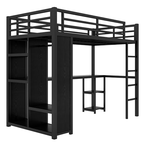 Queen Heavy Duty Metal Loft Bed with L-Shaped Desk, Wardrobe & 5 Storage Shelves – Space-Saving Design for Kids, Teens, Adults – CPC Certified