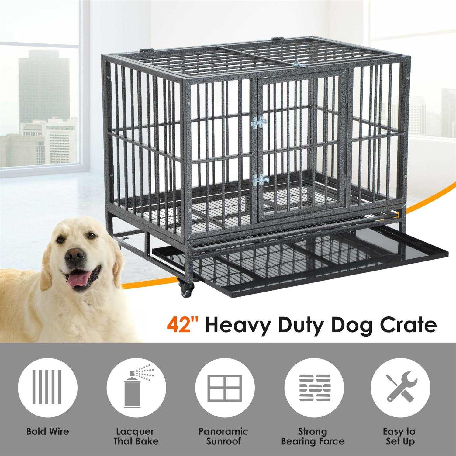 PawHut Heavy Duty Dog Crate Metal Cage Kennel with Lockable Wheels, Double Door and Removable Tray - Pet Supplies online store
