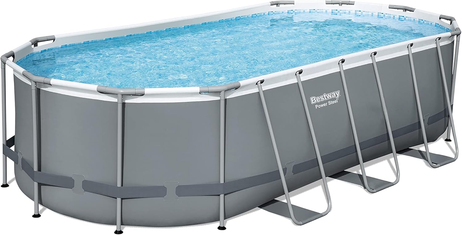 Bestway 56711E Power Steel 18' x 9' x 48 Outdoor Oval Frame Above Ground Swimming Pool Set with 1500 GPH Cartridge Filter Pump, Cover, & Ladder, Gray