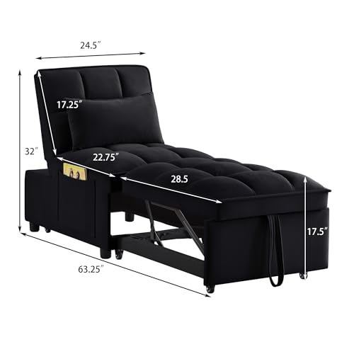 4 in 1 Multi-Function Single Sofa Bed, Pull Out Couch with Adjust Backrest, Tufted Single Pull-out Sofa Bed with Storage Pockets and 2 Pillows