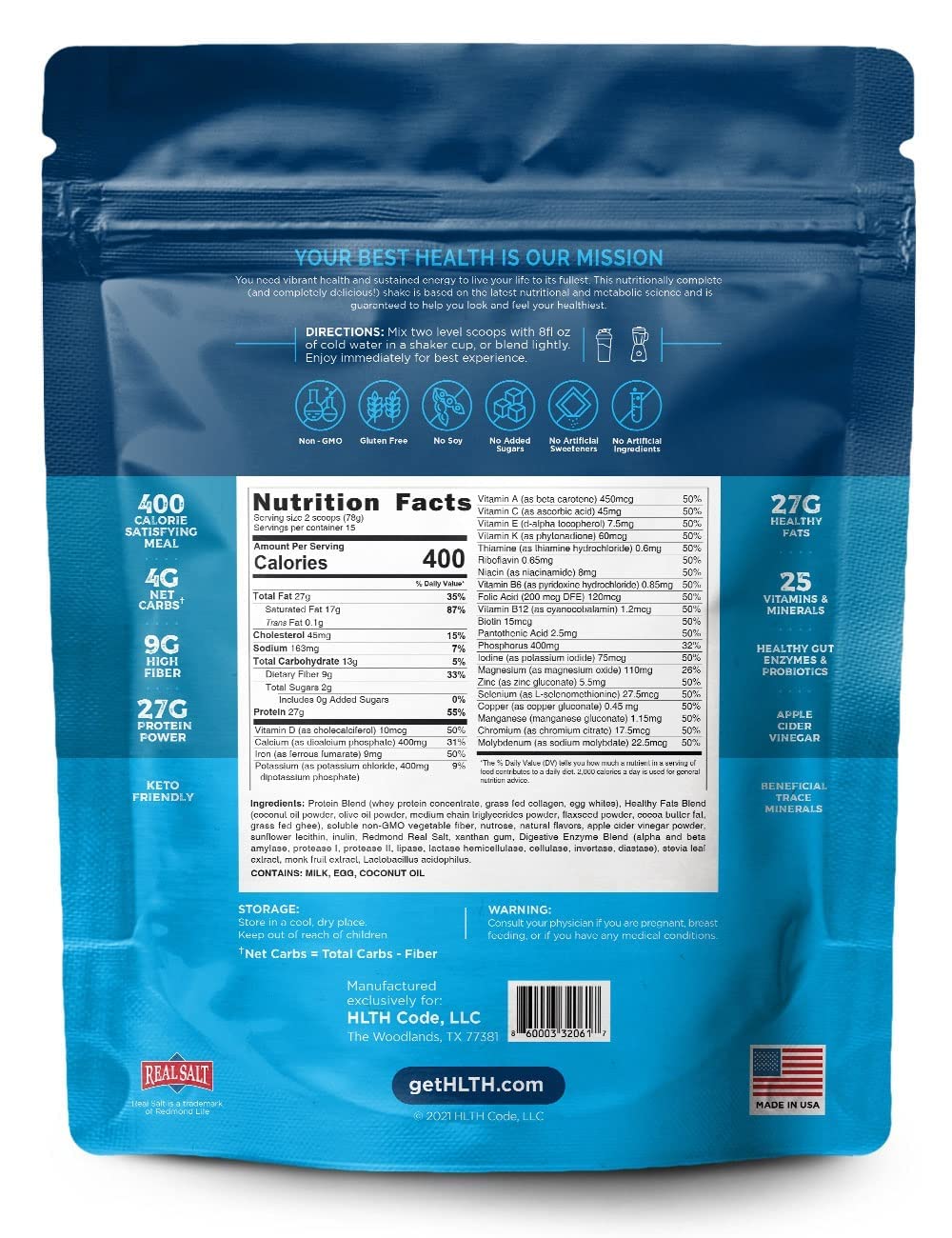 HLTH Code Complete Meal Replacement Powder | High Protein | Creamy Vanilla Flavor | 15 Servings Pack of 2