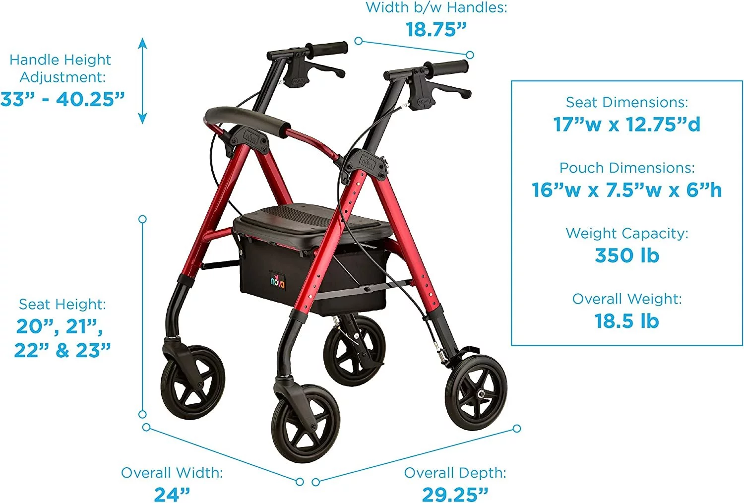 NOVA Medical Products Star DX Rollator Walker with Wide Padded Seat, 8 Wheels, Fold Lock Feature