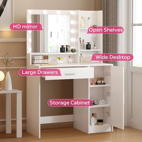 Vanity Desk with Mirror and Light, Large Drawer and Three Level Storage Dresser, 3 Lighting Modes Adjustable Brightness