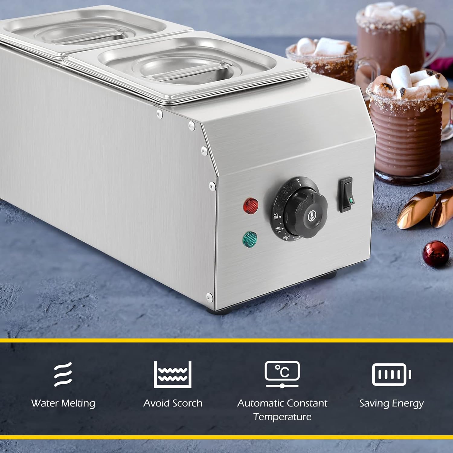 Dyna-Living 2-Tanks Chocolate Melting Machine Upgraded Chocolate Tempering Pot 1000W Electric Chocolate Melter Fondue with Temperature Control