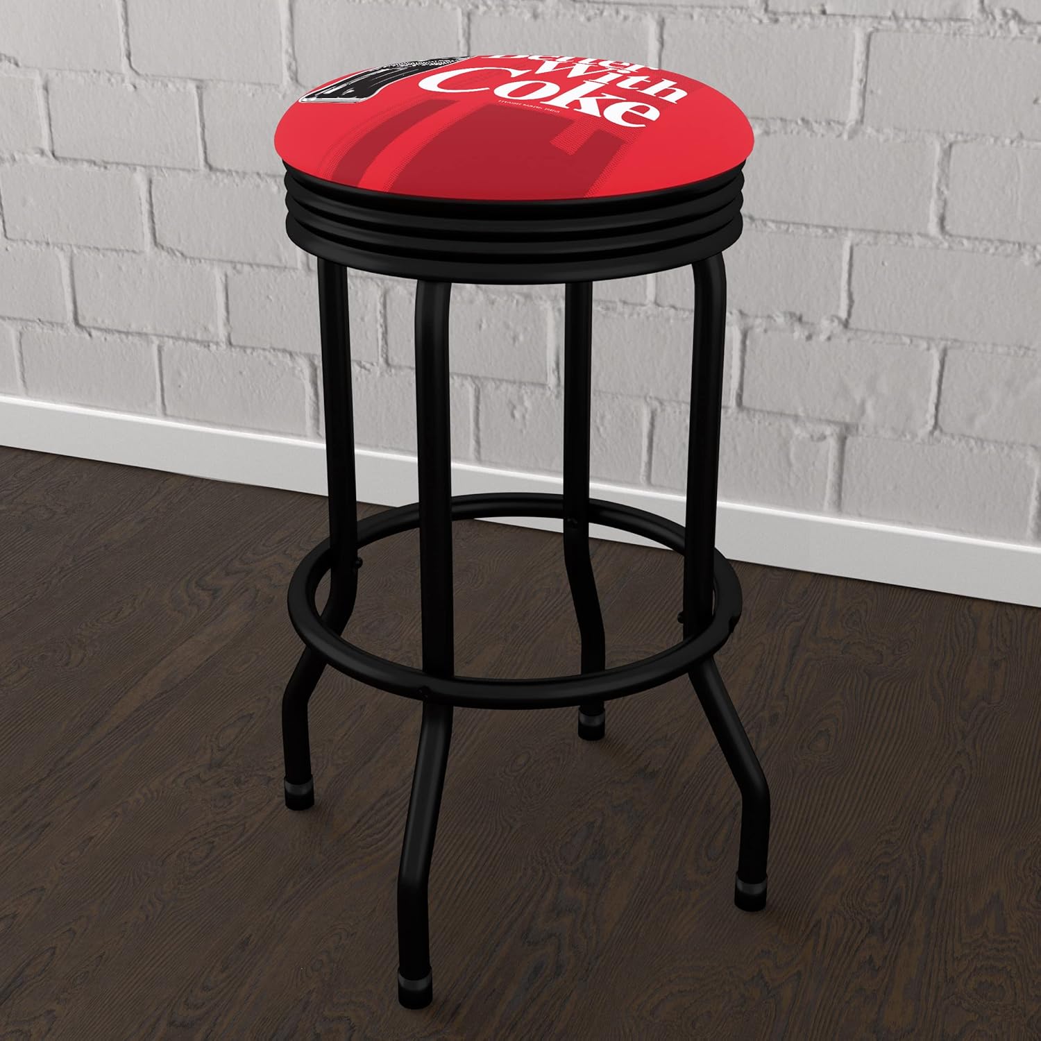 Bar Stool - Coca-Cola Things Go Better with Coke Bottle Art Stool with Retro Black Ribbed Side - Swivel Chair for Game Room, Garage
