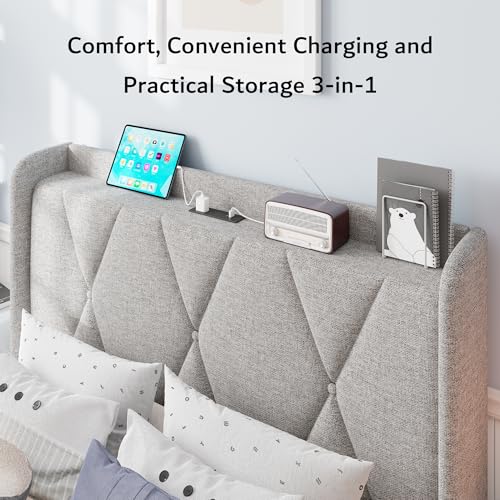 iPormis Queen Bed Frame with 4 Storage Drawers, Upholstered Platform Bed Frame with Charging Station, Modern Wingback Storage Headboard