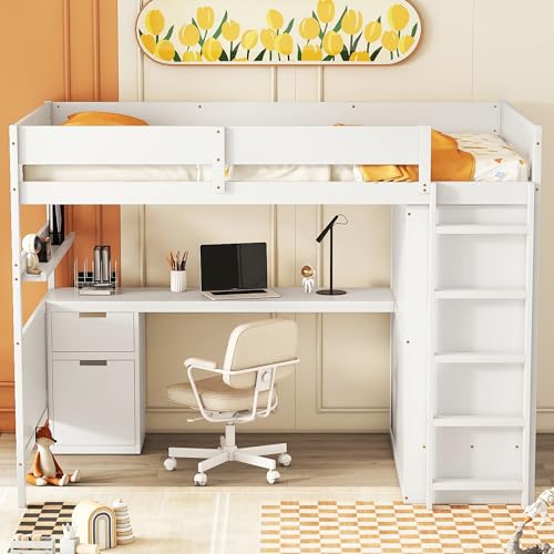 Harper & Bright Designs Twin Size Loft Bed with L-Shaped Desk and Stairs, Solid Wood Loft Bed Frame with Storage Drawers and Bookcase