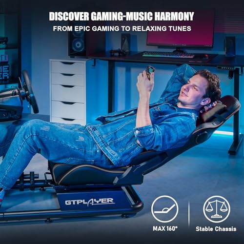 GTPLAYER Racing Simulator Cockpit with Seat and Bluetooth Speakers, Racing Style Reclining Seat and Ultra-Sturdy Alloy Steel Frame, A/B Box (Blue)