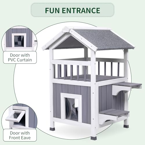 GEGURI Outdoor Cat House Weatherproof, Wooden Two-Story Feral Cat Shelter with Openable Roof, Escape Door, Balcony