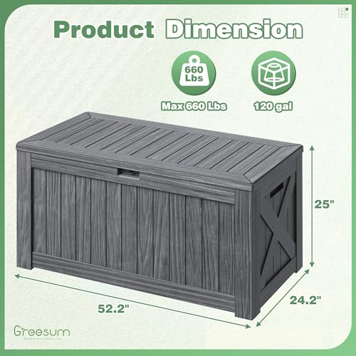 Greesum 120 Gallon Outdoor Storage Box with Lock - Large Resin Deck Box, Reinforced Lid for Garden, Patio, Lawn, Black