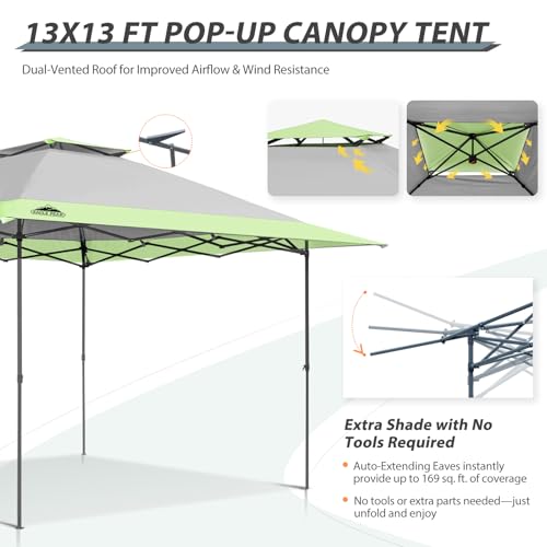 EAGLE PEAK 13x13 Straight Leg Pop Up Canopy Tent Instant Outdoor Canopy Easy Single Person Set up Folding Shelter w/Auto Extending Eaves 169 Square