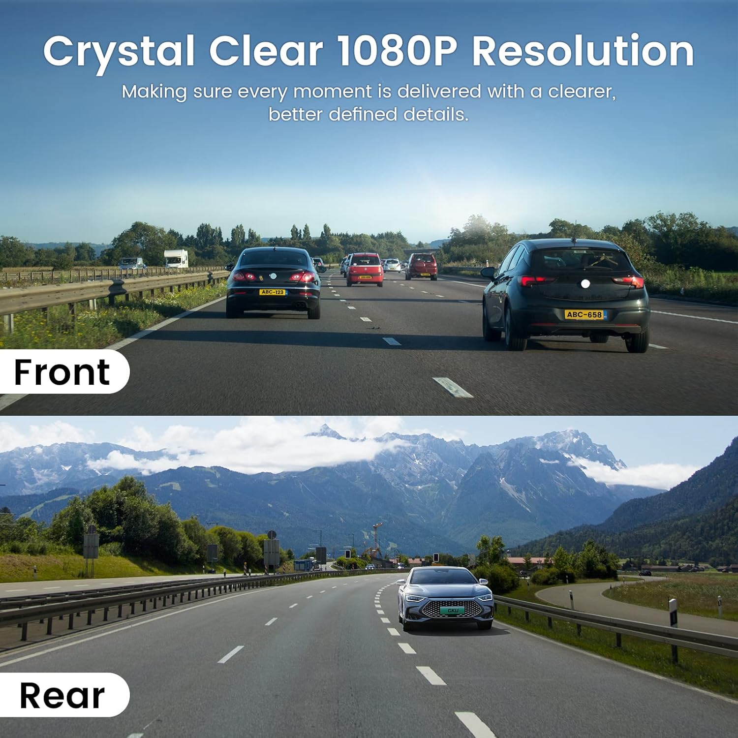 GKU Dash Cam Front and Rear Full HD Dual 1080P Dash Camera for Cars, 170° Wide Angle Backup Car Camera with Super Night Vision