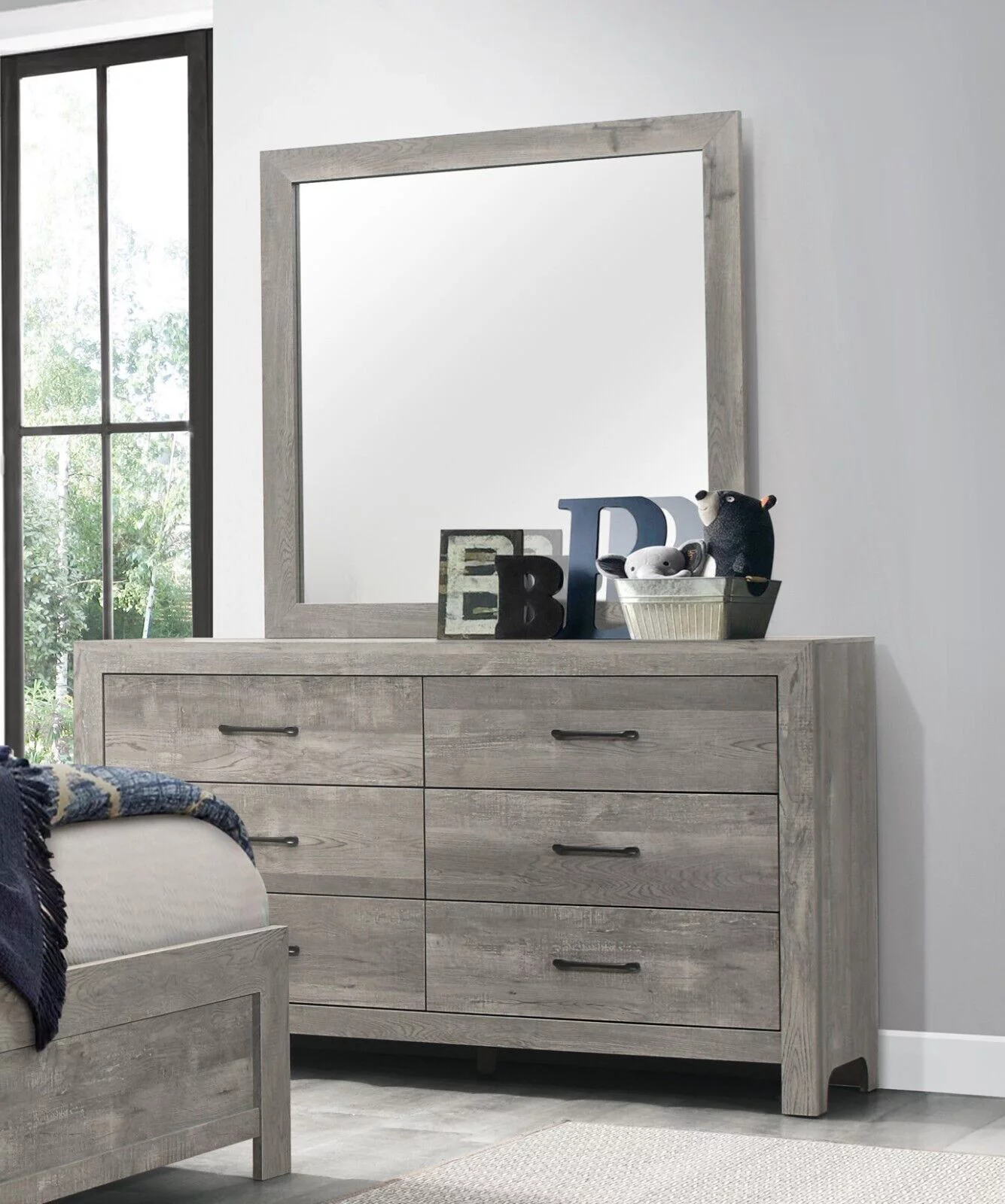 Gray Finish 4pc Bedroom Set Rustic Style Twin Size Bed Nightstand Dresser Mirror