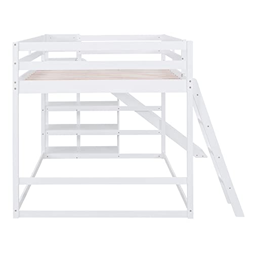 Full-Over-Full Castle Style Bunk Bed with 2 Drawers and 3 Shelves, Wood Bunk Bed Frame with Slide and Storage Staircase for Kids Teens Boys Girls