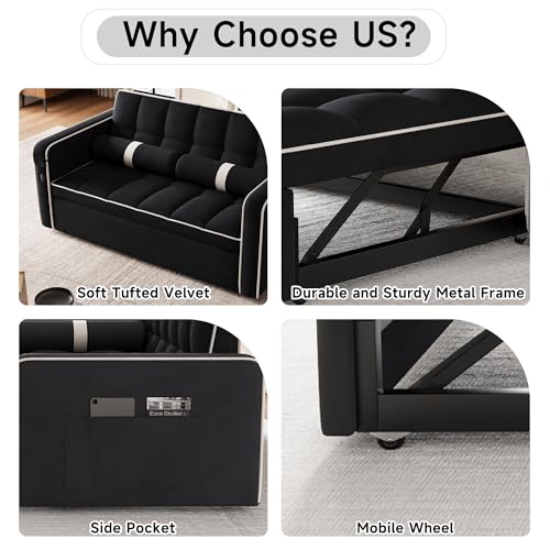 3 in 1 Sleeper Sofa Bed - Convertible Love Seat Couch with Side Table, Tufted Futon Sofa w/Pullout Bed, Adjustable Backrest, Cylinder Pillows
