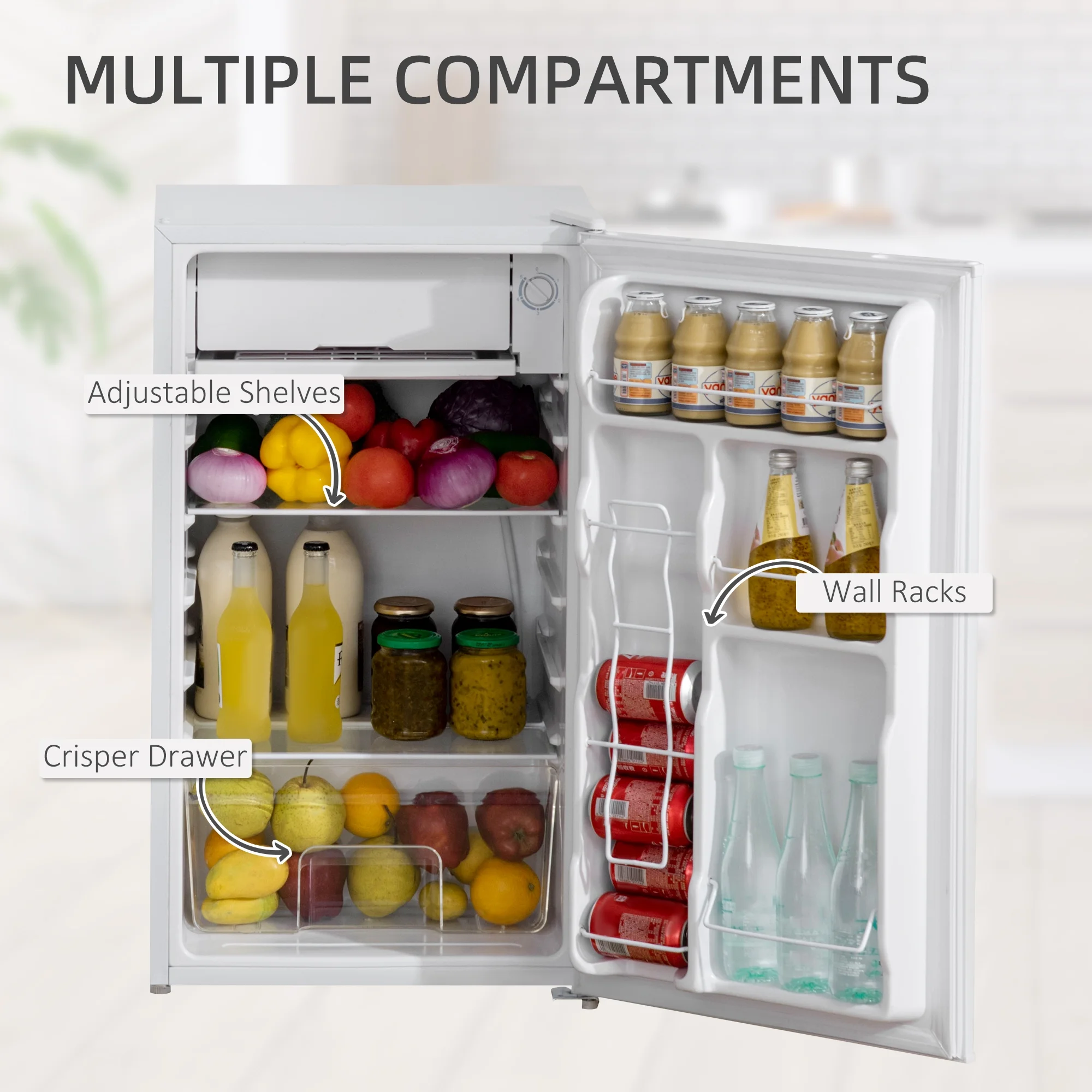 THINK 30,3.2 Cu.Ft Mini Fridge with Freezer, Single Door Compact Refrigerator with Adjustable Thermostat, Shelf and Reversible Door for Bedroom, Dorm