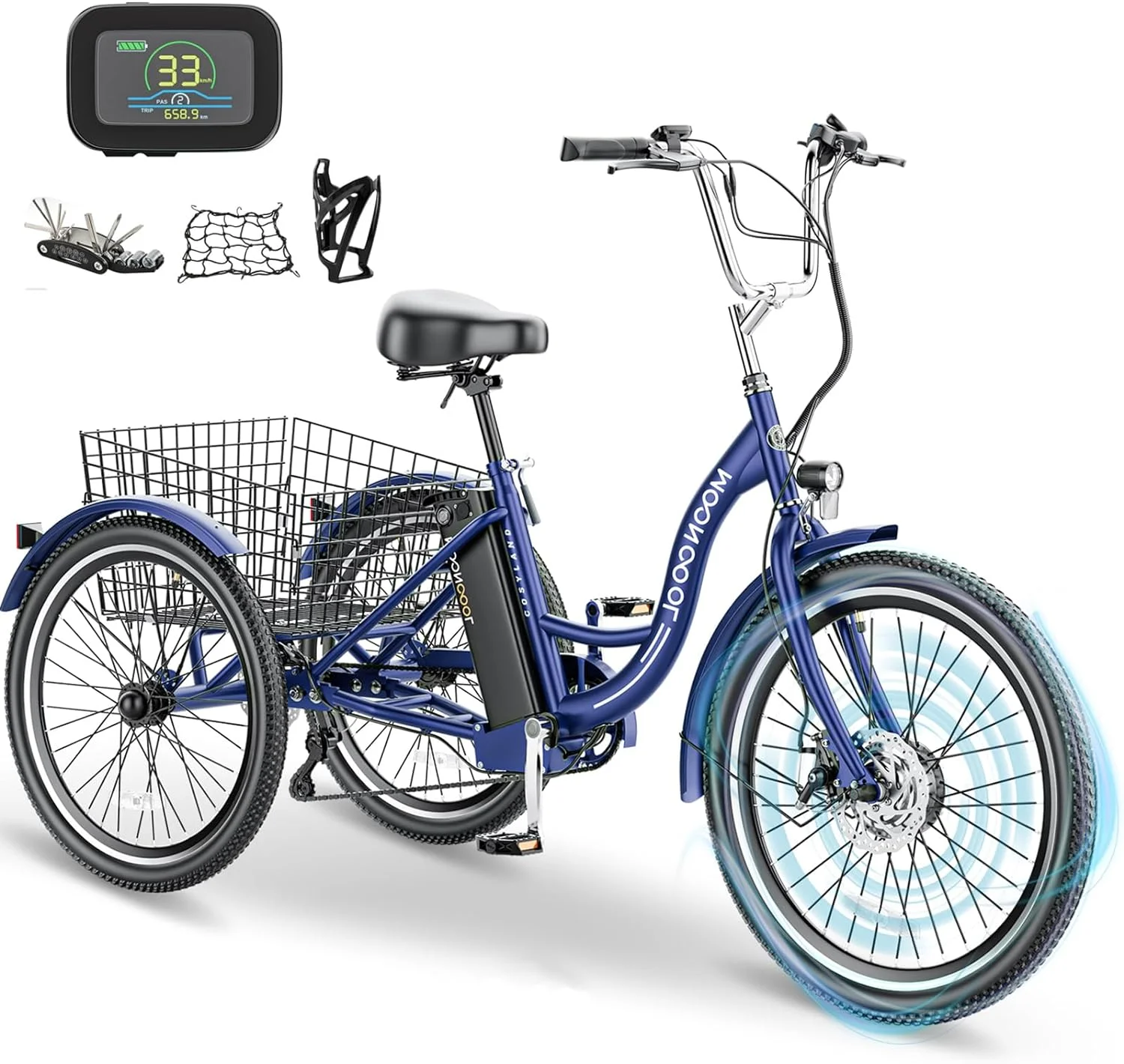 MOONCOOL 350W Motorized Electric Trike, 7 Speed 3 Wheel Electric Bicycle with 36V 14.5Ah Lithium Battery UL Certified