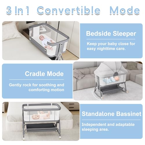 Bedside Bassinet for Baby, 3 in 1 Baby Bassinet Bedside Sleeper, Height Adjustable Bedside Crib, Rocking Bassinet with Wheels, Storage, Mattress