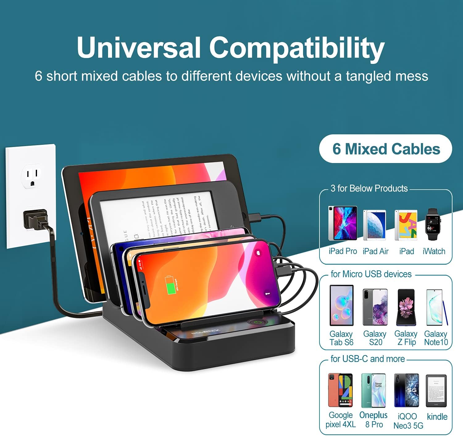 Charging Station for Multiple Devices 5 Ports with 6 Mixed Charging Cables Multi USB Charger Station Organizer for Cell Phones Tablets Tab