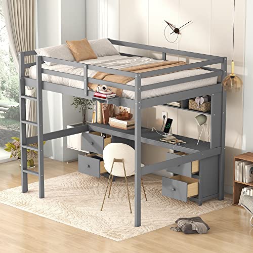 Full Size Loft Bed with L-Shaped Desk, Wardrobe and Storage Shelves, Solid Wood Bedframe w/Safety Guardrails & Ladder for Kids Teens Adults