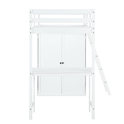 Harper & Bright Designs Full Size Loft Bed with Wardrobe and Desk, Solid Wood Loft Bed Frame with Storage, for Kids Teens Adults (Full Size, White)