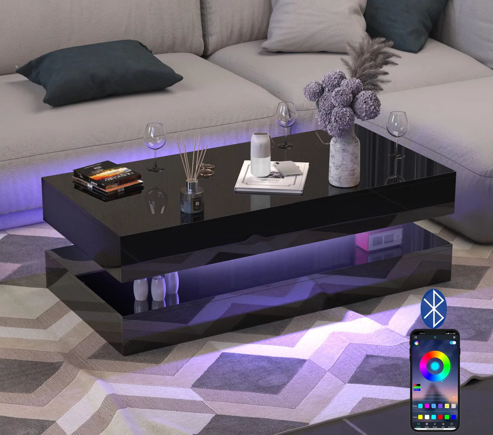 ChVans LED Coffee Table with 2 Storage Drawers, Modern High Gloss Black Coffee Table w/20 Colors LED Lights & APP Control, Large Living Room Furniture
