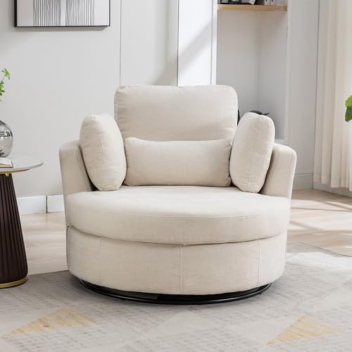 Aoiy & Wifon 42.2" W Oversized Swivel Barrel Chair with Ottoman, Upholstered Round Accent Chair with Storage Ottoman, Chenille, Beige