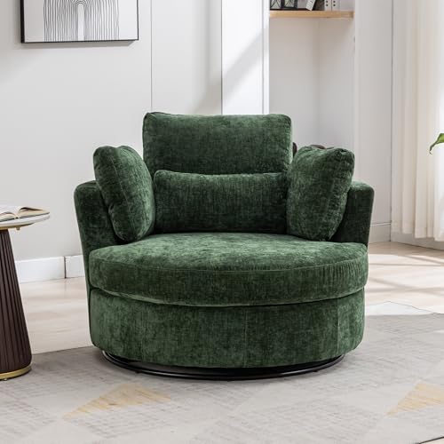 Aoiy & Wifon 42.2" W Oversized Swivel Barrel Chair with Ottoman, Upholstered Round Accent Chair with Storage Ottoman, Chenille, Beige