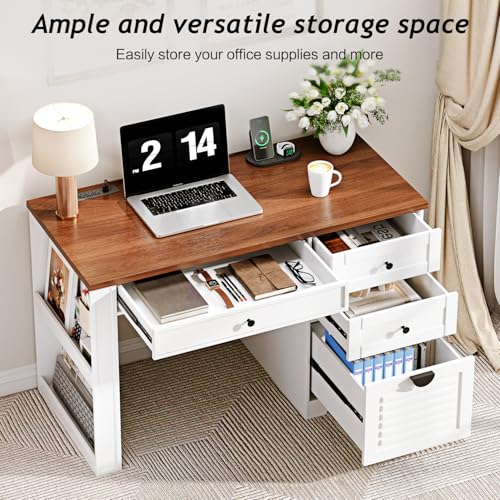 59" Home Office Desks, Executive Desk, Farmhouse Computer Desk with 7 Drawers and Charging Station, File Drawer, Rustic Computer Writing Desk