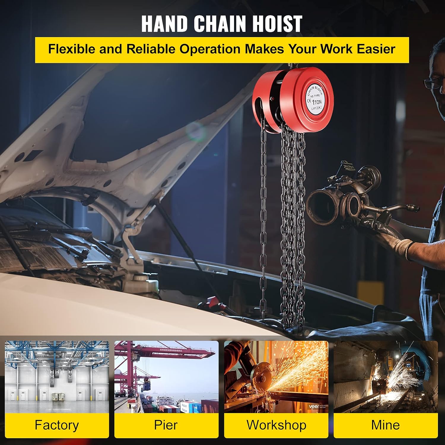VEVOR Hand Chain Hoist, 2200 lbs /1 Ton Capacity Chain Block, 8ft/2.5m Lift Manual Hand Chain Block