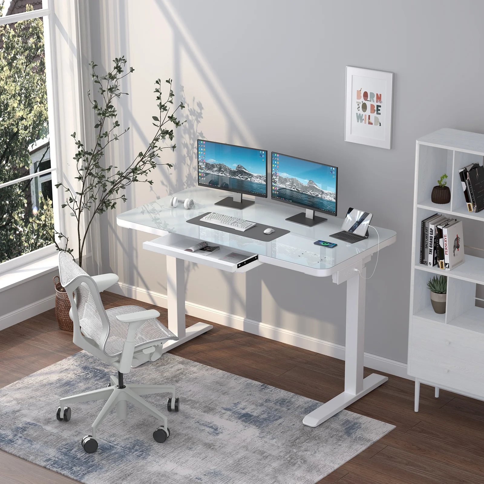 ADOFFUR Electric Glass Standing Desk with Drawers, Dual Motor Height Adjustable Desk with Touch Control &Wireless Charging&Power Outlet Strip, White