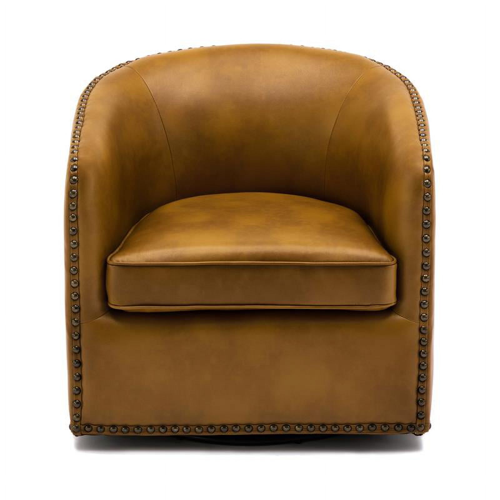 Pemberly Row Camel Brown Faux Leather Swivel Arm Chair with Nailhead Trim